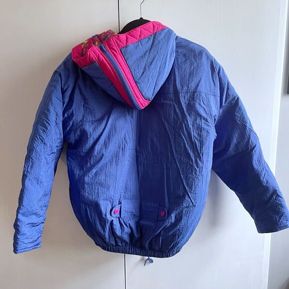 Vintage Fast Turn Down Jacket Womens Medium 10/12 Full Zip Blue Pink Collar Hood - Picture 4 of 5